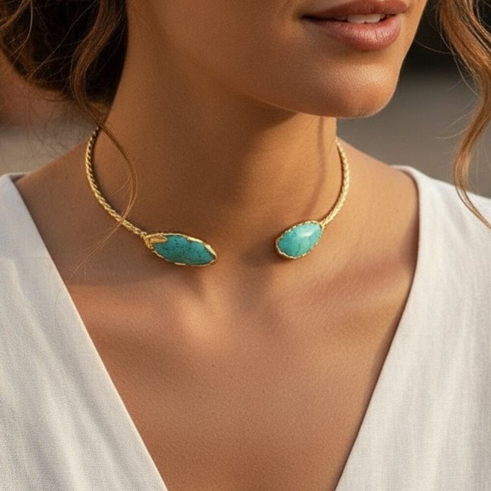 Hammered Gold-Tone Open Collar Necklace with Turquoise Stones Boho Luxe